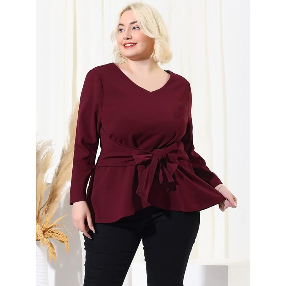 Peplum Style Burgundy Belted Knot Tie Top Agnes Orinda Women's Plus Size 4X